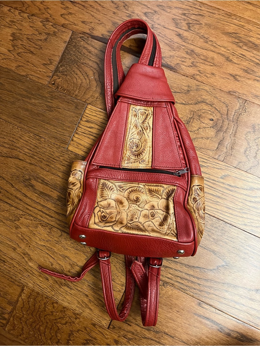 Red Genuine Leather Floral Tooled Sling Backpack